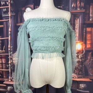 MARBLE Off-Shoulder Ruffled Cropped Blouse in Mint